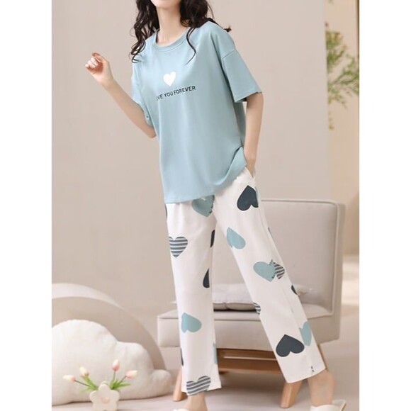 Cotton Women’s Pajama Set 2 Pcs Short Sleeve Pullover Top Sleepwear Long PJ Pant - Picture 5 of 10